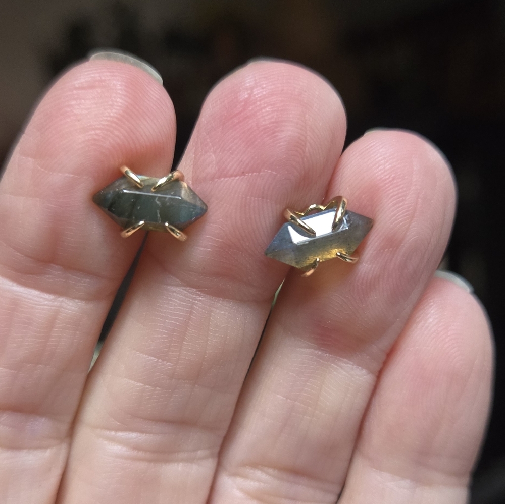 Labradorite Natural 4k Point Sterling & Gold Earrings - Picture 3 of 10